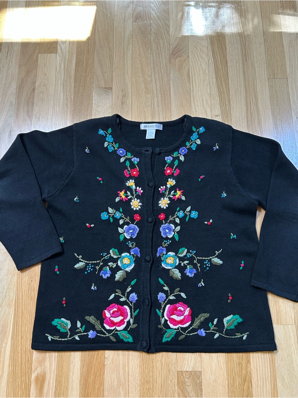 CottageCore Arriviste Floral Embroidered Black Cardigan Sweater, Large